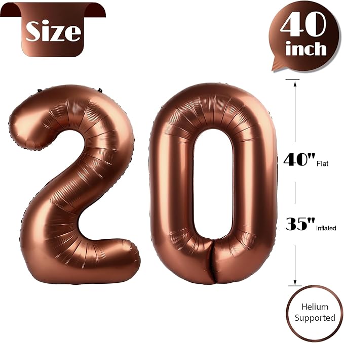 Dark Brown Number 20 Balloon 40 inch, Coffee Brown 20 Number Balloons, 20th Birthday Decorations, Chocolate 20 Year Old Girls Boys Party Supplies