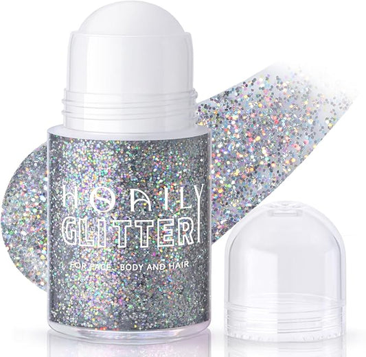 HOSAILY Roll-on Holographic Body Glitter Gel for Face Hair, Chameleon Color Changing Glitter Gel Under Light, Chunky Mermaid Sequins Festival Party Rave Accessories Shimmer Makeup (Silver)