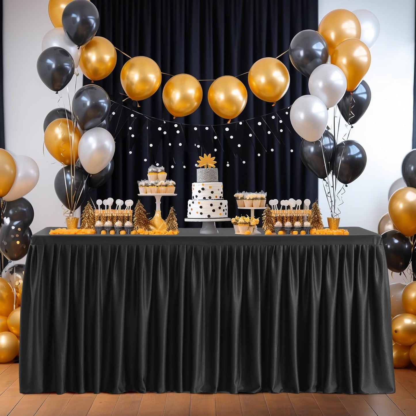 Black Polyester Table Clothes for 4 Foot Rectangle Tables, Wrinkle Free Fitted Table Cover with Pleated Ruffle Table Skirt for Birthday Party Wedding Trade Show Event Display