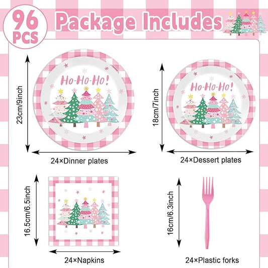 CHUNNIN 96Pcs Pink Christmas Trees Paper Plates and Napkins Xmas Watercolor Party Decorations Pink Xmas Trees Disposable Tableware Set for Kids Girls Winter Holiday Birthday Home Party Supplies