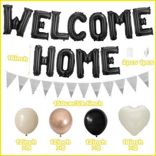 Welcome Home Decorations Black White Gold,Black Welcome Home Foil Balloon Banner with Sand White Heart Balloons Pennant Flag Bunting for Housewarming Baby Shower Family Party Supplies