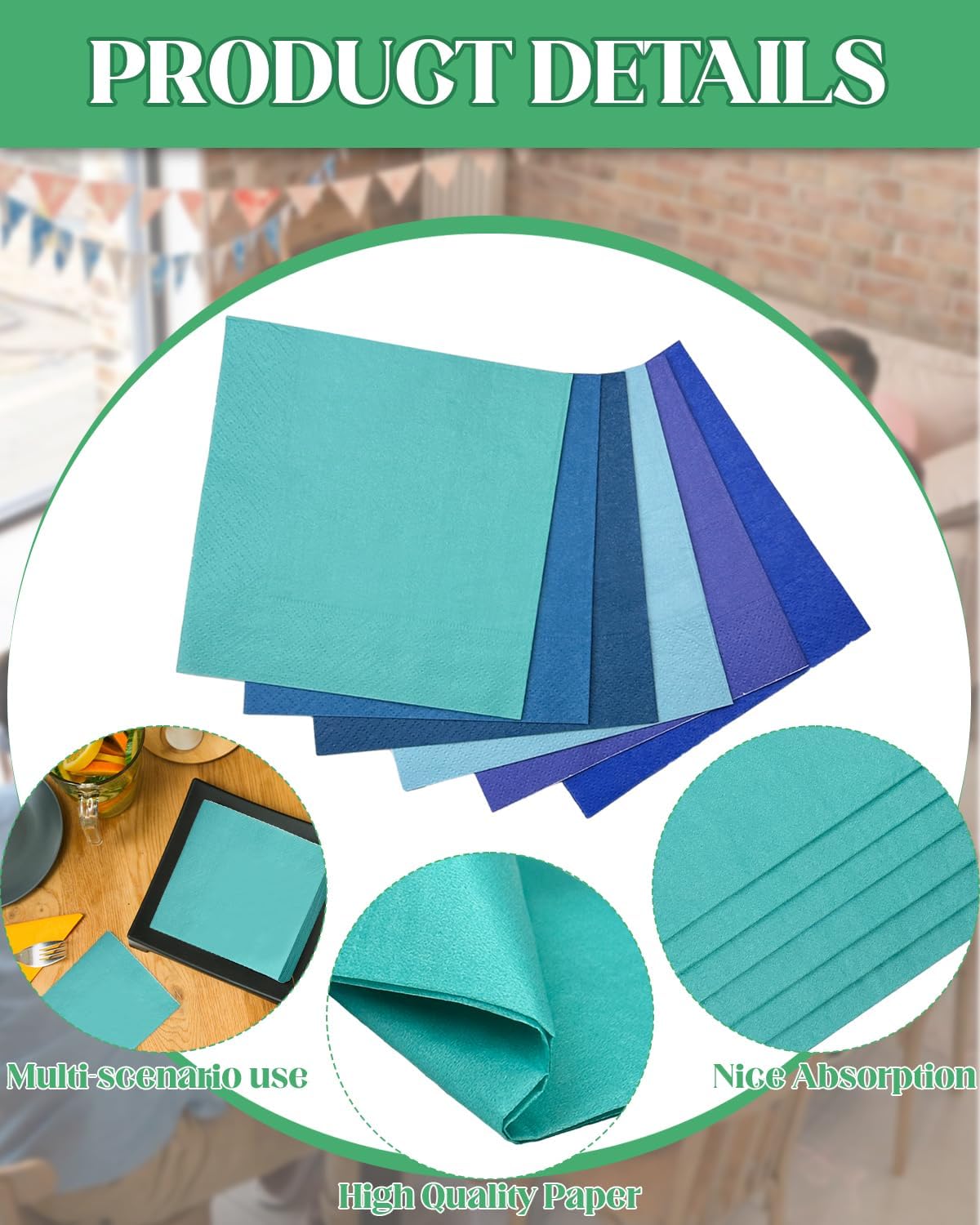 Blue Cocktail Napkins 6 colors 5 * 5inch disposable Beverage Napkin paper for Cocktail, Wedding, Dinner，Brithday Party Dessert Wine Paper Napkins（ 120 Count）