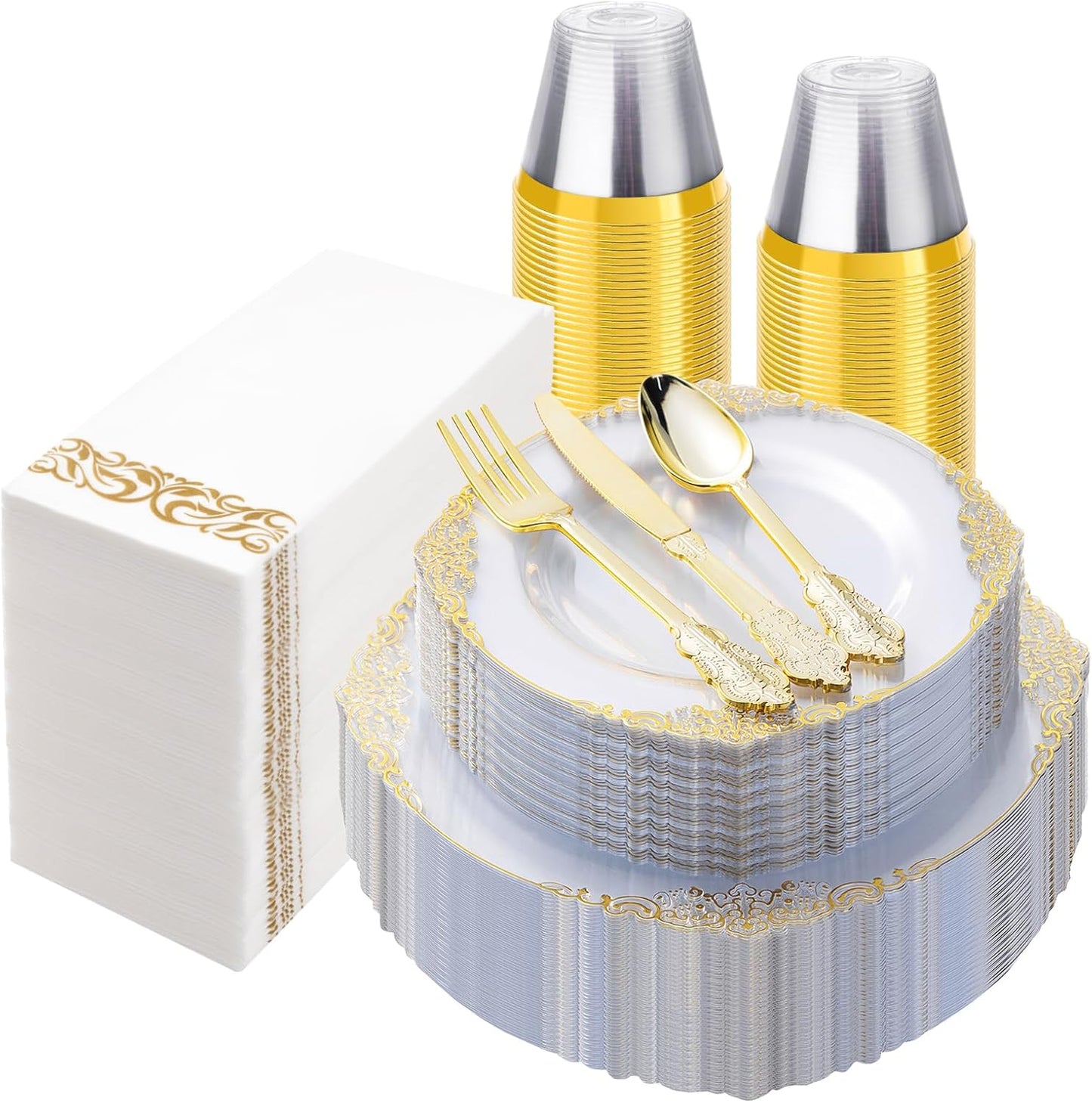 350PCS Clear Gold Plastic Plates for 50 Guests, Disposable Dinnerware Set Includes 100 Clear Disposable Plates, 150 Gold Silverware, 50 Cups, 50 Napkins for Party, Wedding