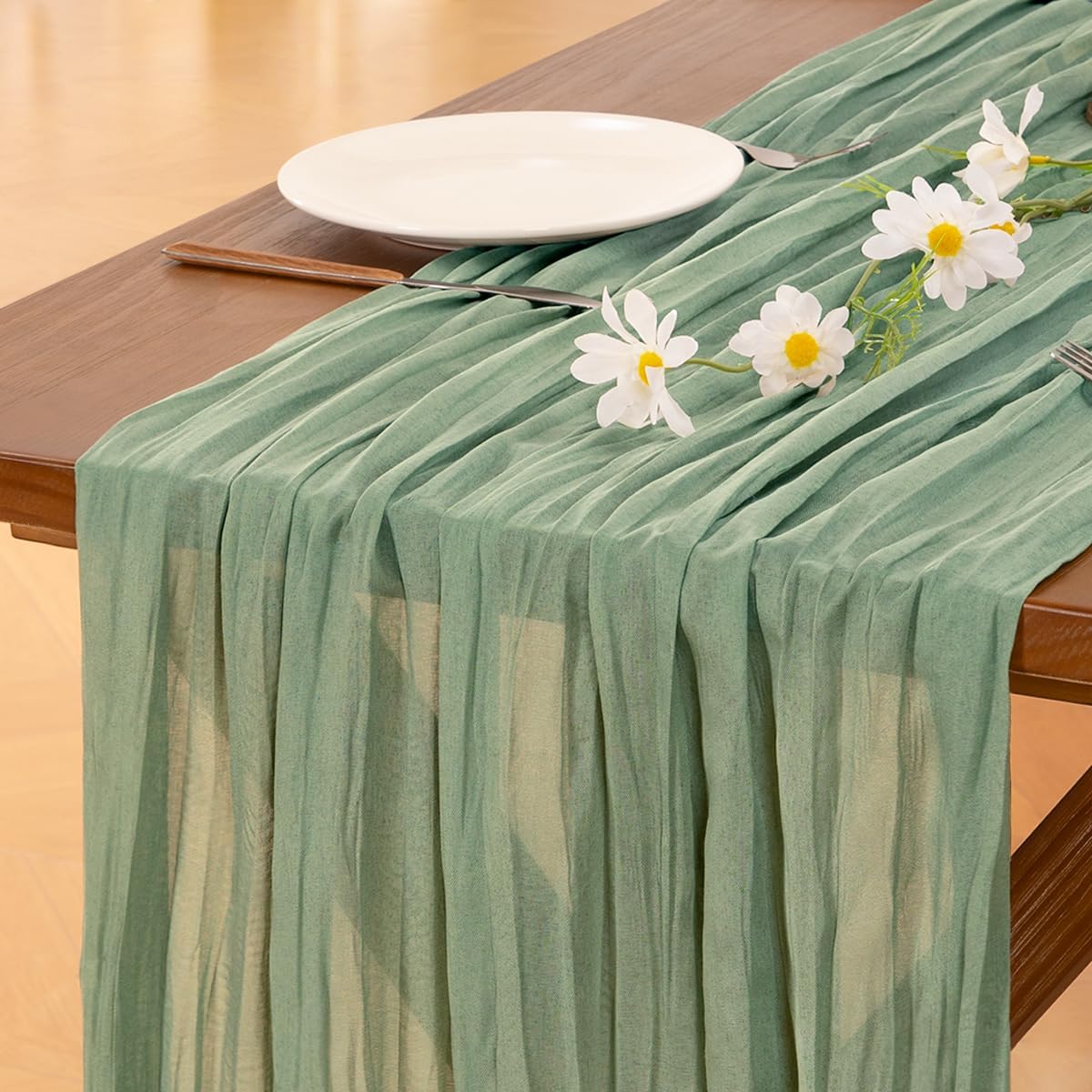Socomi Sage Green Cheesecloth Table Runner Fall Thanksgiving Boho Rustic Farmhouse Gauze 120 inch 10FT Cheese Cloth Runner for Wedding Party Baby Shower Birthday Home Decor Holiday Decorations