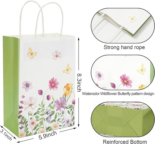 24Pcs Green Wildflower Paper Gift Bags Watercolor Wild Floral Party Favor Bags with Handles Decorative Goodie Candy Treat Bags for Spring Wedding Baby Shower Birthday Party Supplies