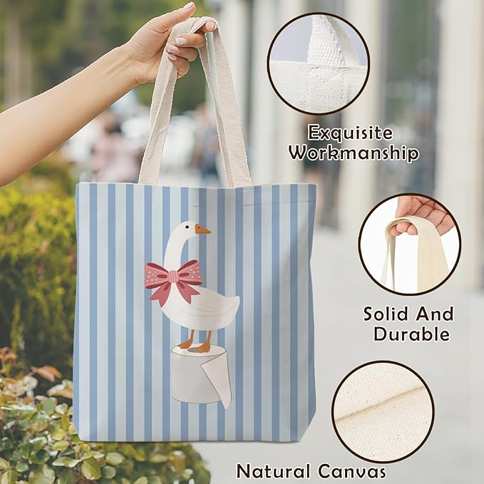 Coquette Pink Bow Goose Tote Bag for Women,Funny Goose Canvas Tote Bag,Gifts for Goose Lovers,Blue Striped Aesthetic Reusable Shopping Grocery Bags Party Favors