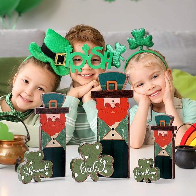 6 Pcs Wooden St Patricks Day Tiered Tray Decorations Sign Wood Irish Table Centerpieces Block Leprechaun Clover Figurines Shamrock Lucky Tabletop Ornaments for Rustic Farmhouse Office Home Shelf