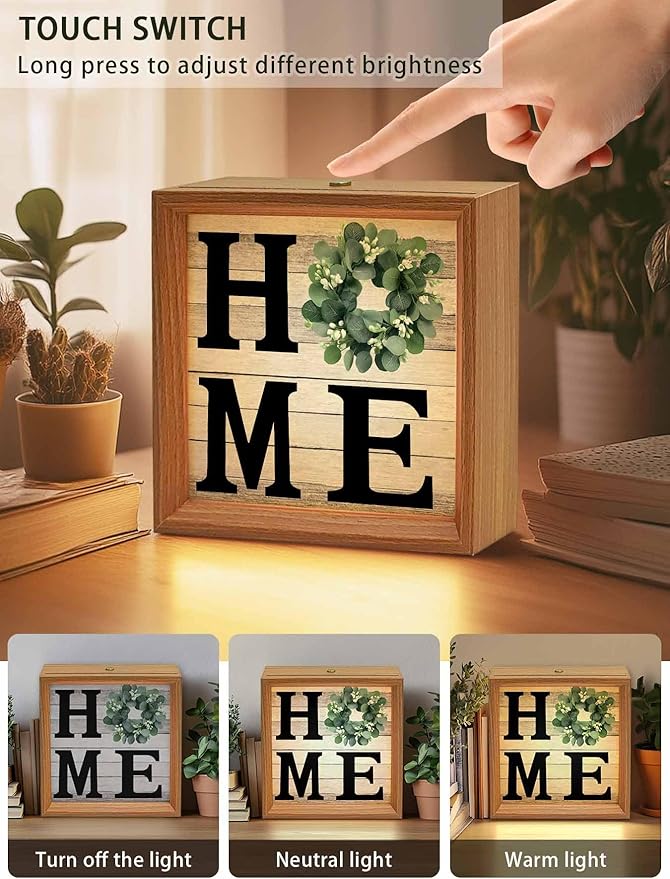 Wood Night Light Box 4.5x4.5in,Home Green Eucalyptus Wreath Table Lights Wooden Picture Frame with USB Rechargeable Touch LED Lights for Home Decor Desktop Display,Farm Vintage Wood Board