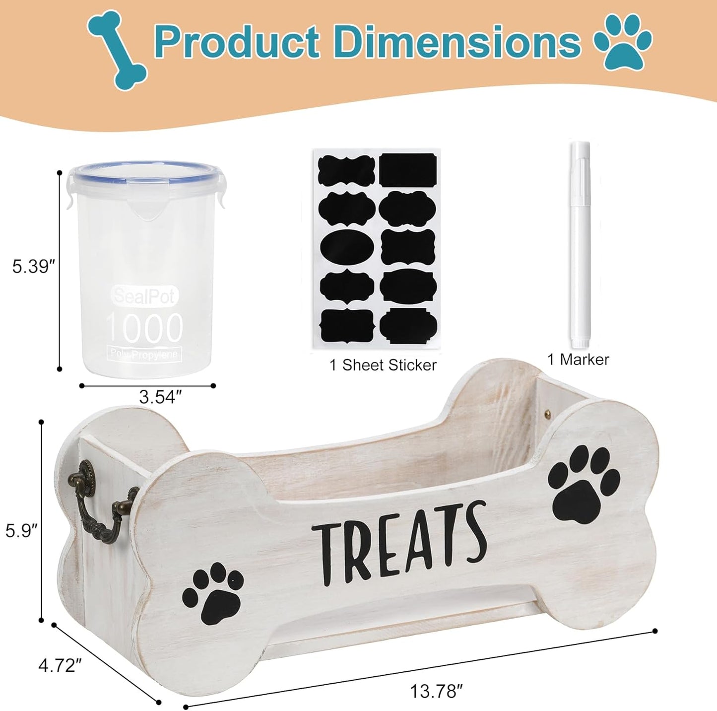 WGFKVAS Dog Treat Storage Containers, 3 Jar Pet food container, White Wooden Pet Food Dispenser for Dogs & Puppies, Perfect Food Storage Solution and Gift for Dog Owners
