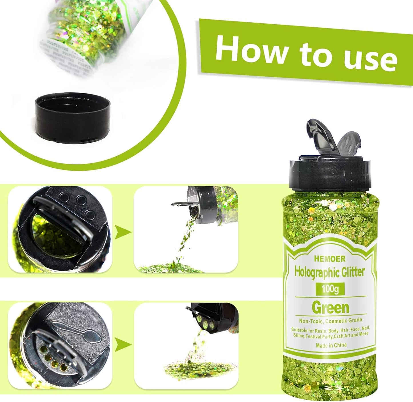 HEMOER Green Glitter, 100g/3.5oz Holographic Chunky Glitter Mixed Hexagon Chunky & Fine Flakes Iridescent Sequins for Epoxy Crafts, Resin, Nail Body, Tumblers, Party Decoration