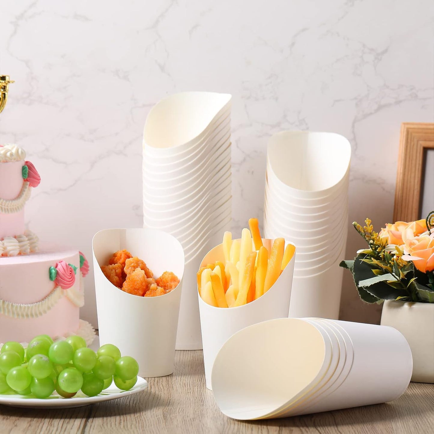 Amyhill 200 Pcs French Fries Holder 14 oz Charcuterie Cups Disposable Take out French Cups Waffle Paper Popcorn Boxes Disposable Sandwich Paper Holder for Wedding Birthday(White)