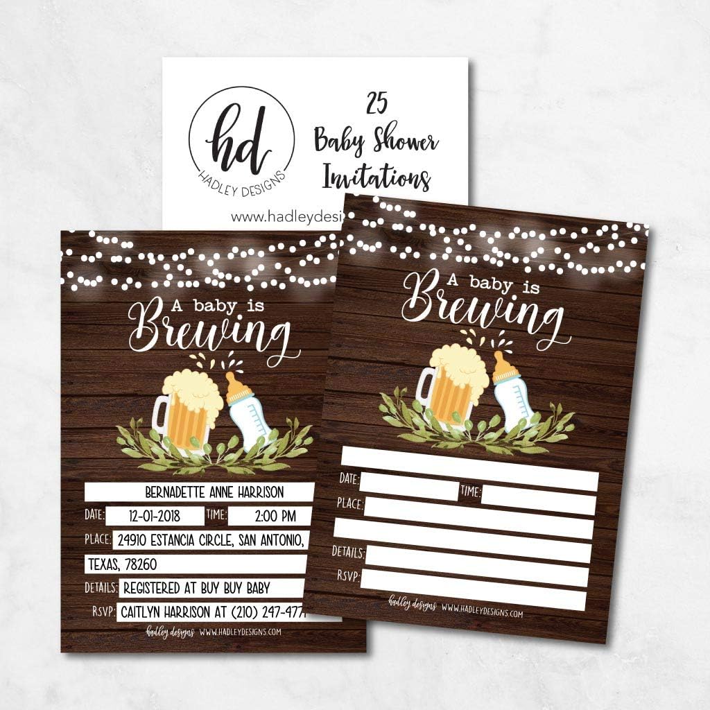 Hadley Designs 25 Brewing Baby Shower Invitations, Coed Sprinkle Invite for boy or girl, Gender Neutral Reveal, Cute Printed Fill or Write In Blank Printable Card, Beer Vintage Bottle Twin Party