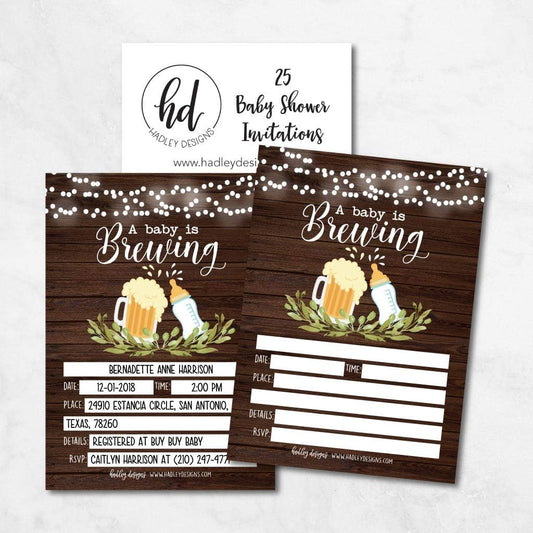Hadley Designs 25 Brewing Baby Shower Invitations, Coed Sprinkle Invite for boy or girl, Gender Neutral Reveal, Cute Printed Fill or Write In Blank Printable Card, Beer Vintage Bottle Twin Party