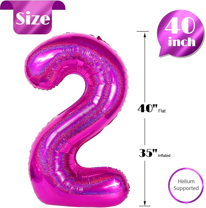 Laser Hot Pink 2 Balloon, Number Balloons 40 Inch, 2nd Balloon Number Birthday Decorations, Second Two Birthday Party Supplies, Number 2 Balloon