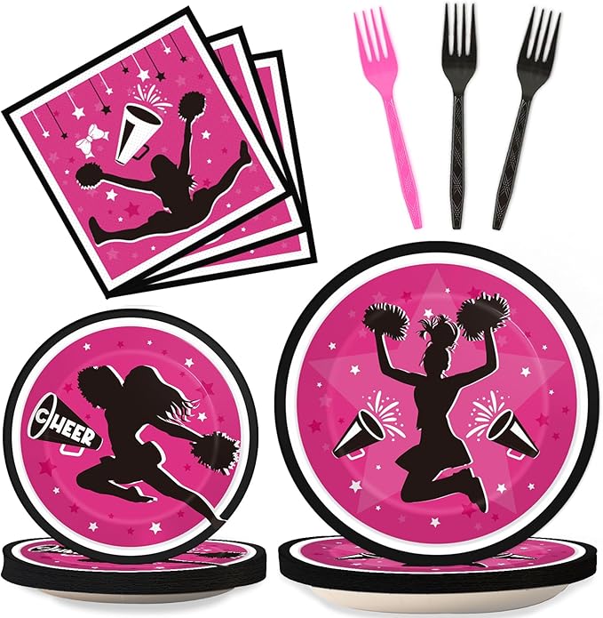 OBUSATT 96Pcs Cheerleader Party Supplies Cheerleading Paper Plates Napkins Gymnastics Party Decorations Girls' Birthday Dinnerware Party Favor Tableware Serves 24