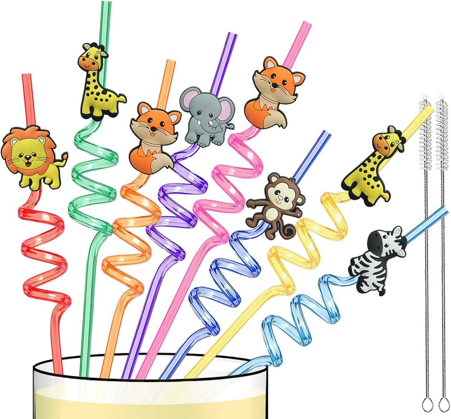 24 PCS Reusable Safari Straws Party Favors, Plastic Jungle Animal Swirly Drinking Straws for Kids Woodland Party Decorations Supplies Lion Fox Zebra Giraffe with Clean Brushes