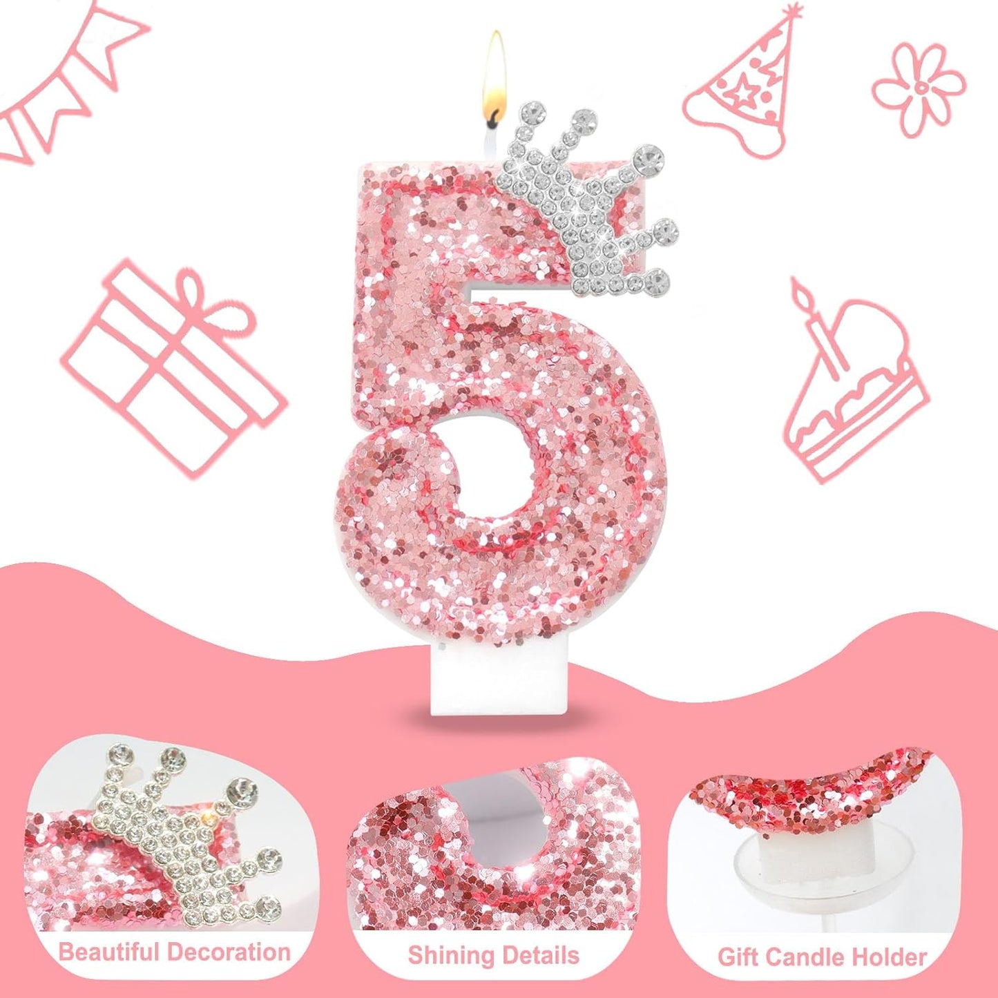 Ceya Number 5 Birthday Candles,Pink Crown Candle for Cake, Sparkling Number Glitter Candle 3.14inch Cake Topper,5st Birthday Decorations for Girl Women Reunions Anniversary Party Supplies