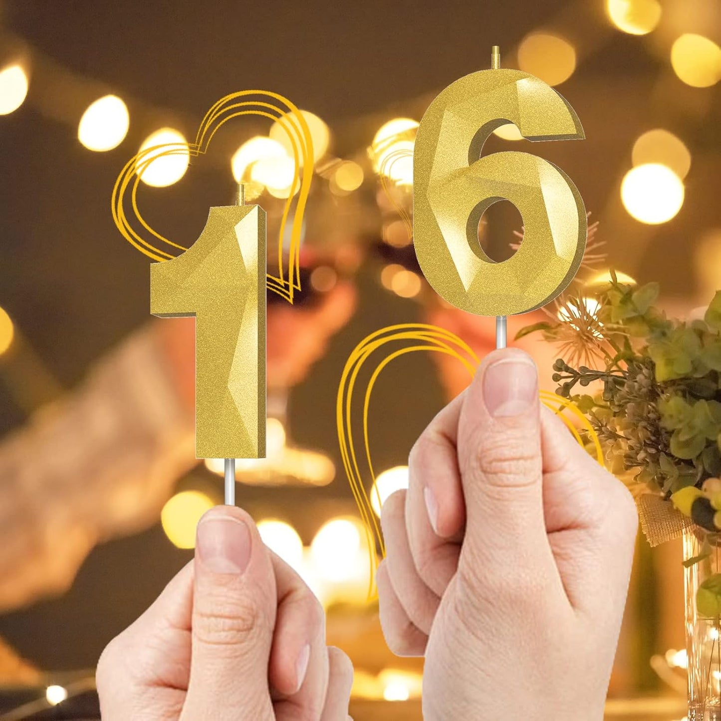 Number Birthday Candles(2 Candle Gold) 3D Diamond Shape Number Happy Birthday Cake Candles for Birthday Party Wedding Decoration Reunions Theme Party