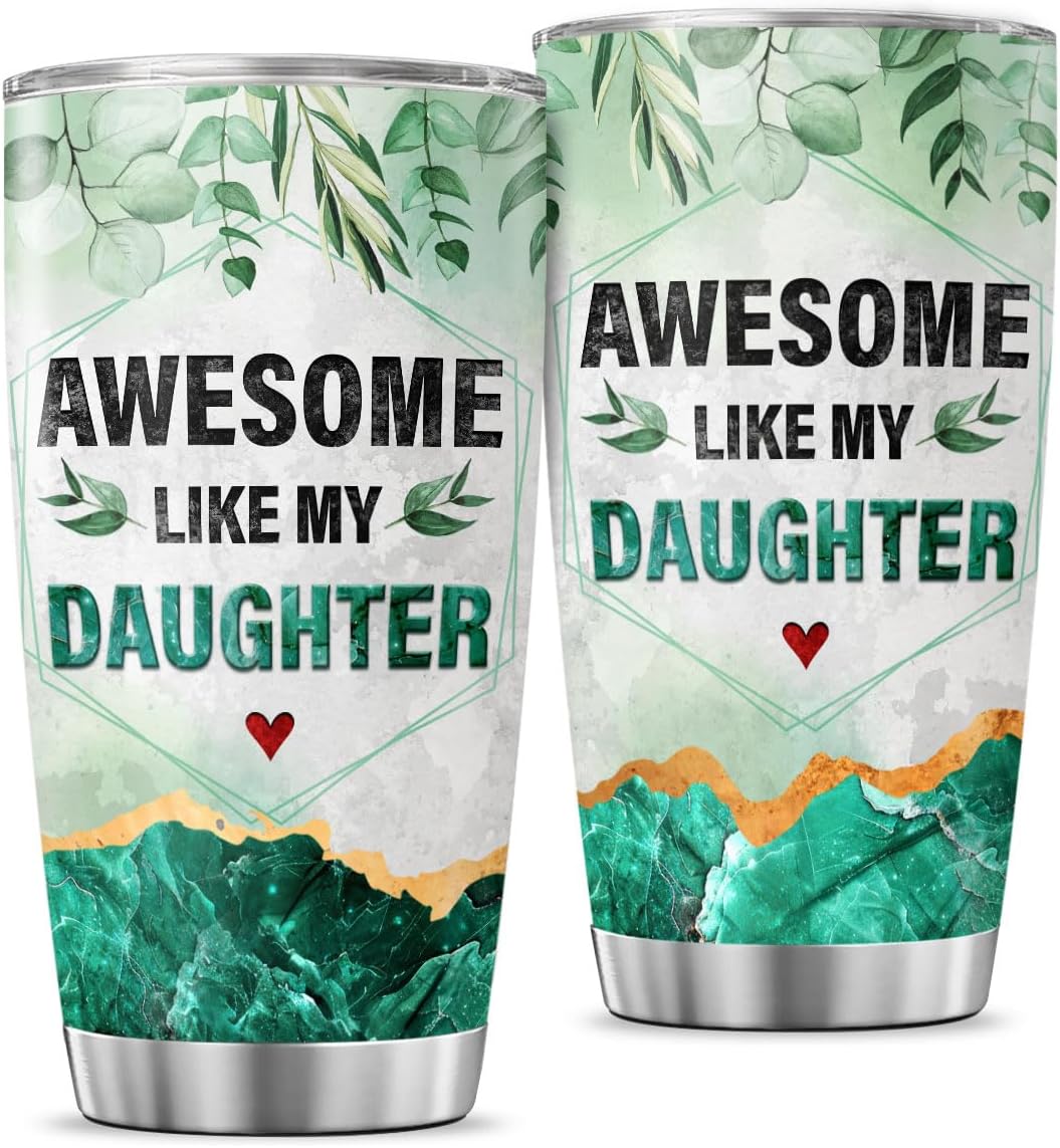 Awesome Like My Daughter Gift Tumbler 20oz, Funny Green Marble Design Insulated Stainless Steel Cup for Dad, Ideal Birthday or Fathers Day Present, Keeps Drinks Hot or Cold