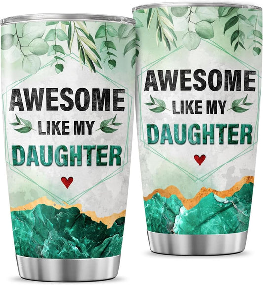 Awesome Like My Daughter Gift Tumbler 20oz, Funny Green Marble Design Insulated Stainless Steel Cup for Dad, Ideal Birthday or Fathers Day Present, Keeps Drinks Hot or Cold