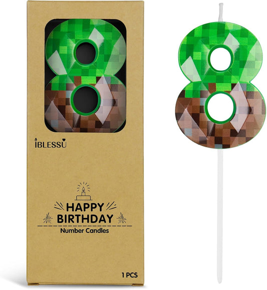 Pixel Birthday Candle, 2.68 Inch Miner Number Candles, Game Themed Candle Birthday Decoration for Pixel Theme Birthday Anniversary Dynamite Video Game Party (Green, 8)