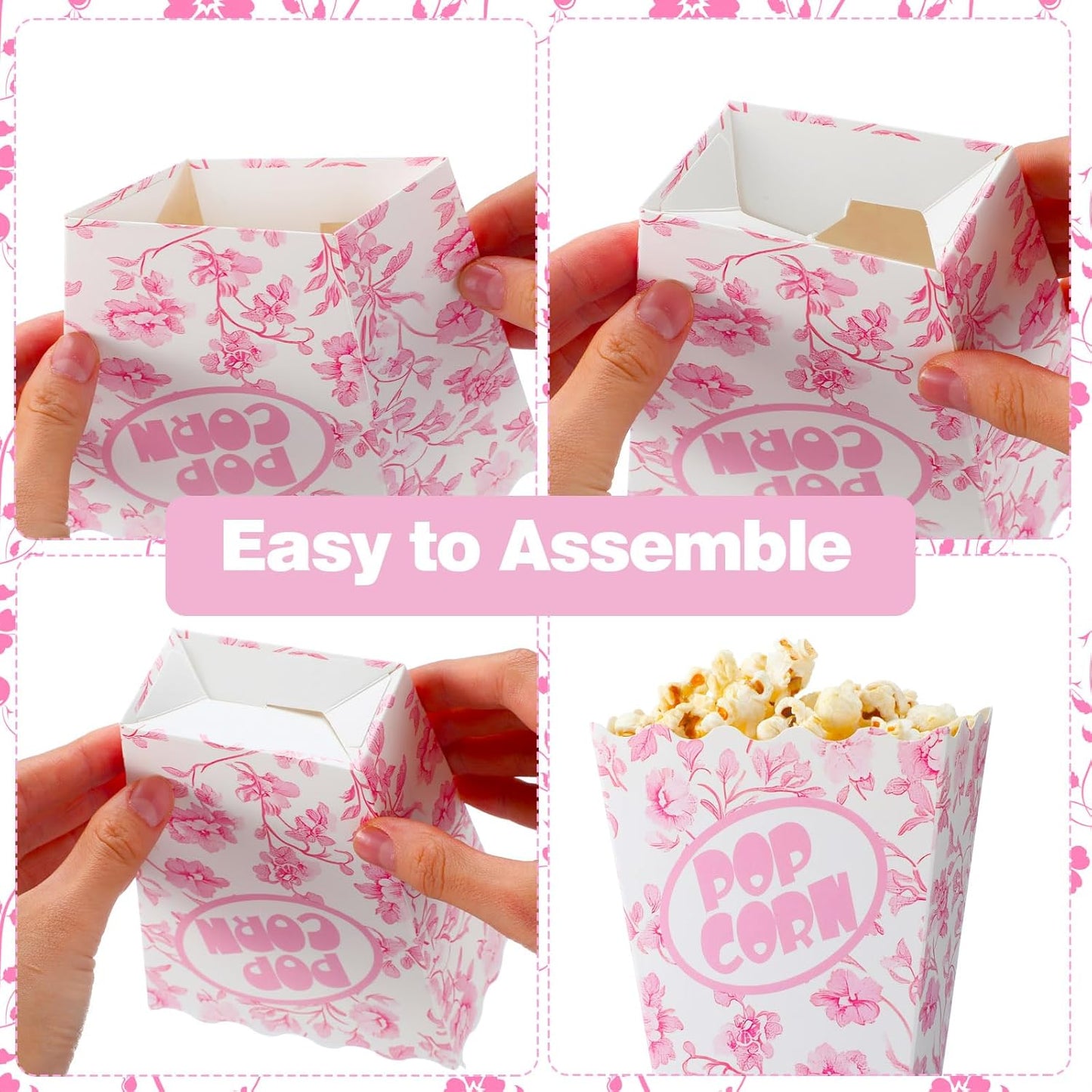Marspark 50 Pack Pink Floral Party Popcorn Boxes - Chinoiserie Flowers Vintage Paper Popcorn Boxes Individual Servings for Birthday, Movie Night, Carnivals