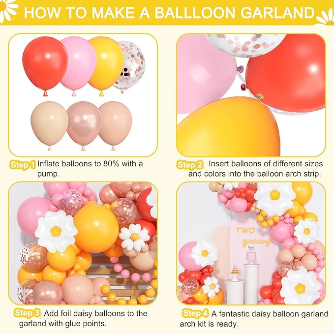 168Pcs Daisy Balloon Arch Garland Kit, Mothers Day Pastel Pink Orange Yellow Confetti Daisy Flower Balloons for Two Groovy One Birthday Floral Boho Girl Baby Shower Wedding Hippie Party Decorations