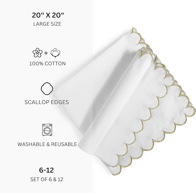 FINGERCRAFT Cloth Napkins, Everyday Use Scallop Design with Golden Zari, Premium Quality Natural Cotton Napkin Cloth Set of 6 Perfect for Parties Dinners Weddings Christmas 20x20 inch White
