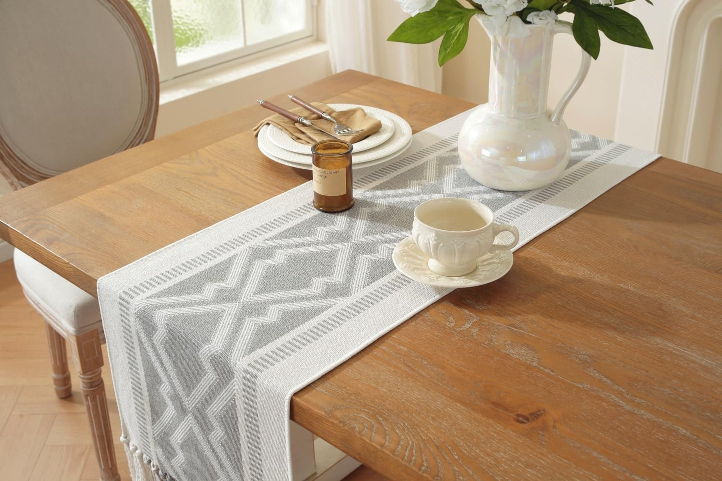Boho Table Runner ， Natural Cotton Woven Gray Runner，for Modern Farmhouse Decor, with Tassels for Home Dining Table Decor 14 x 90 Inch Long