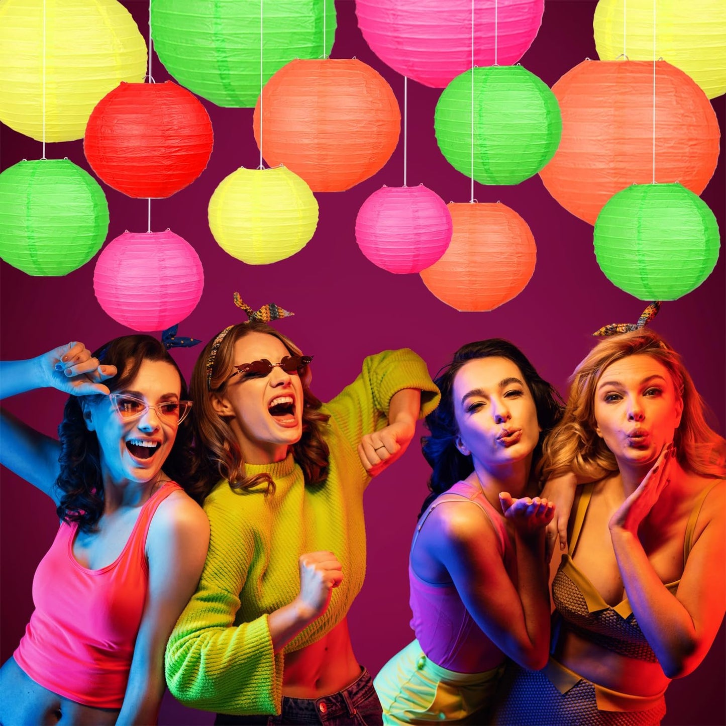 21pcs Colorful Hanging Paper Lanterns, Neon Party Decorations - Round Paper Lanterns, for Neon Themed Birthday, Baby Showers, Weddings, Engagement Parties, and Other Party Decorations.