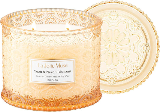 LA JOLIE MUSE Yuzu & Neroli Blossom Candle - Yuzu, Orange Blossom, Cedarwood | 12 oz Large 2-Wick Soy Wax Candle | 60 Hours Clean Burn | Citrus Scented Candle | Elegant Home Décor