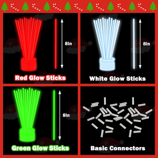 Bulk Christmas Party Favors Supplies for Kids 300 PCS,Christmas Glow Sticks Toys Gifts for Toddlers,Light up Accessories Necklace & Bracelets,Holiday Decor Class Carnival Games Giveaways for Boy Girl
