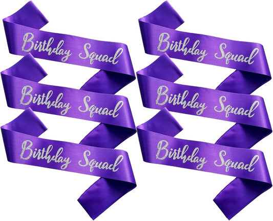 Birthday Squad Sash, 6 Pieces Purple with Silver Glitter Letter Birthday Gift Sashes Set for Women Funny Party Favors Decorations for 16th 18th 21st 25th 30th 40th 50th or Other Bday
