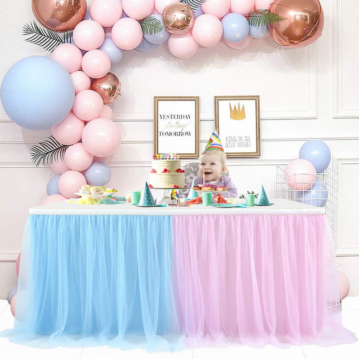 Suppromo 9ft Pink and Blue Gender Reveal Table Skirt Tulle Tutu Table Clothes Cover for Baby Shower Boy or Girl Birthday Party Wedding Cake Decorations