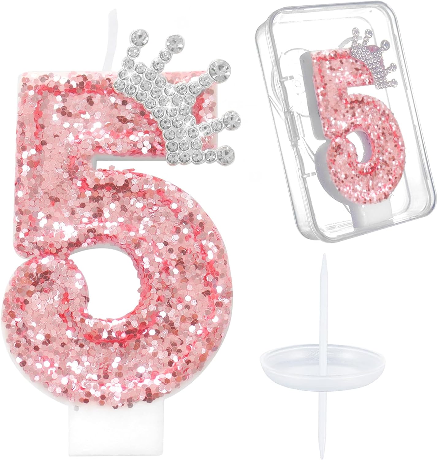 Ceya Number 5 Birthday Candles,Pink Crown Candle for Cake, Sparkling Number Glitter Candle 3.14inch Cake Topper,5st Birthday Decorations for Girl Women Reunions Anniversary Party Supplies
