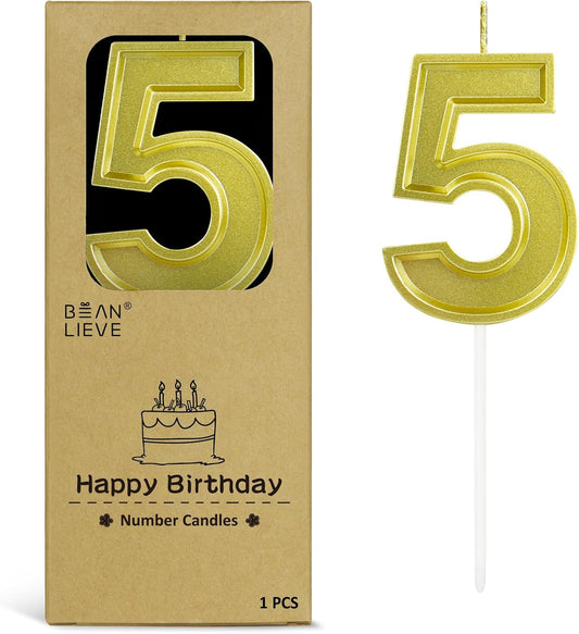 BEAN LIEVE Gold Birthday Candles Number 5, Gold Number Candles, Cake Number Candles for Birthday Parties and Wedding Anniversary Celebrations