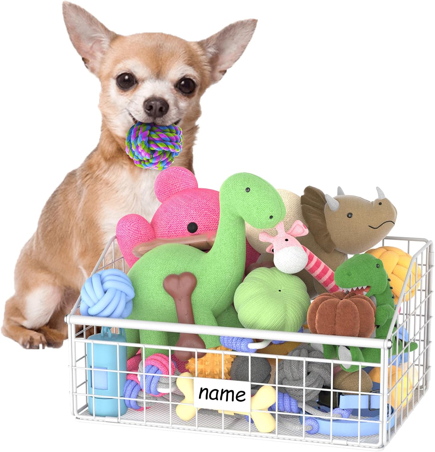Indestructible Dog Toy basket, Small Toy Box for Dogs, Pet Toy Bin Dog Metal Basket for Toys, Dog Toy Storage, Dog Storage Organizer, Cat Dog Toy Box for Living Room Area (White)