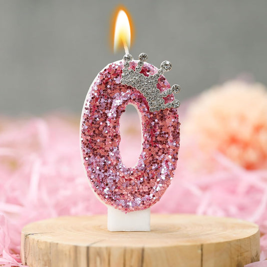 Birthday Number Candles,Pink Crown Birthday Candles for Cake,Glitter Number 0 Candle Cake Topper with Sequins for Girls,Women, Anniversary Celebrations Supplies (Pink 0)