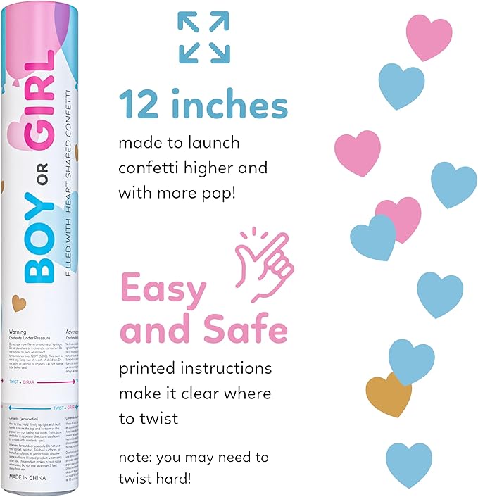 Gender Reveal Gold Heart Shaped Confetti Cannons | 6 Pack | 3 Blue and 3 Pink with Gold Accents | Decoration for Gender Reveal Parties, Baby Showers | Launches 25 ft | 12 inch | TUR Party Supplies