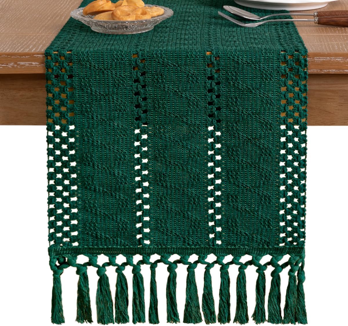 Socomi Boho Table Runner Fall Thanksgiving Farmhouse Rustic Dining Kitchen Centerpiece Decor Small Macrame Woven Cotton Linen Coffee Table Runner for Dresser Scarf Home Decor 12x48 inch Emerald Green