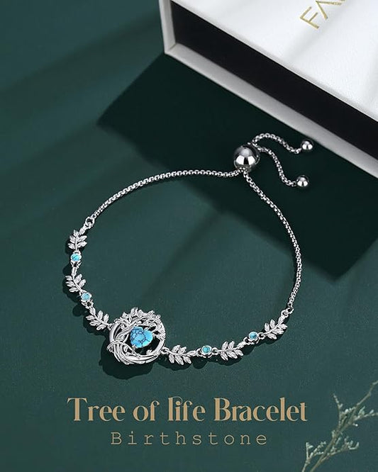 FANCIME Valentines Day Gift Tree of life Birthstone Bracelet for Women Sterling Silver Tree Jewelry Birthstone Charm Bracelet Gemstone Anniversary Birthday Gifts for Wife Mom Her