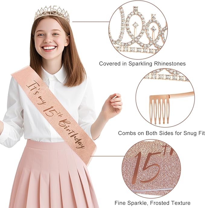 15th Birthday Decorations for Girls, 33pcs Black Rose Gold Happy 15th Birthday Banner 15 Birthday Crown and Sash Balloons Backdrop Hanging Swirls Paper Fans, 15 Years Old Party Supplies Kit