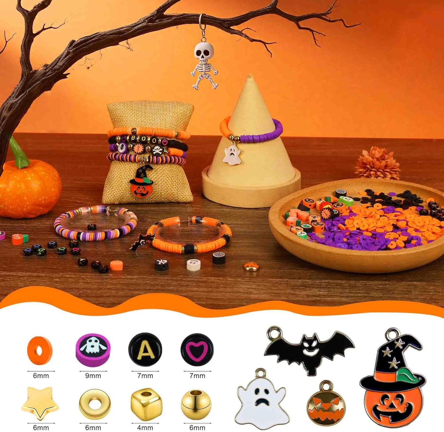 Redtwo 3000 Pcs Halloween Clay Beads for Bracelet Making Kit, Halloween Decorations Charms Jewelry Making, DIY Crafts for Gifts Party Favors
