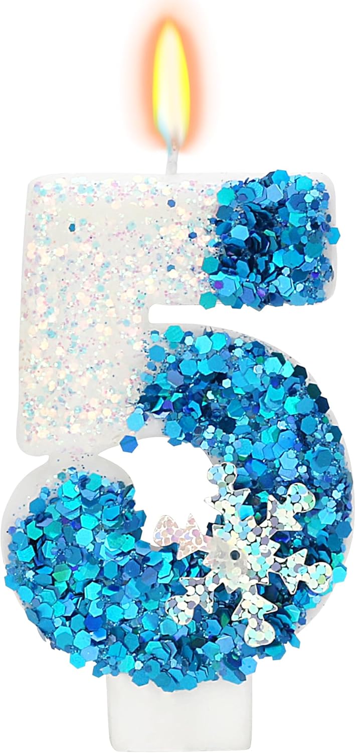 Snow Frozen Themed Birthday Candles, 5th Birthday Candle for Party Supplies, 2.76 inch Cake Topper Decorations (Number 5)