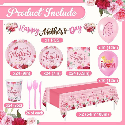 191Pcs Mother's Day Party Decorations Happy Mothers Day Party Supplies Tableware Set Include Paper Plates Napkins Cup Tablecloth Banner Best Mom Balloons Dinnerware for Mother’s Day Serves 24 Guests