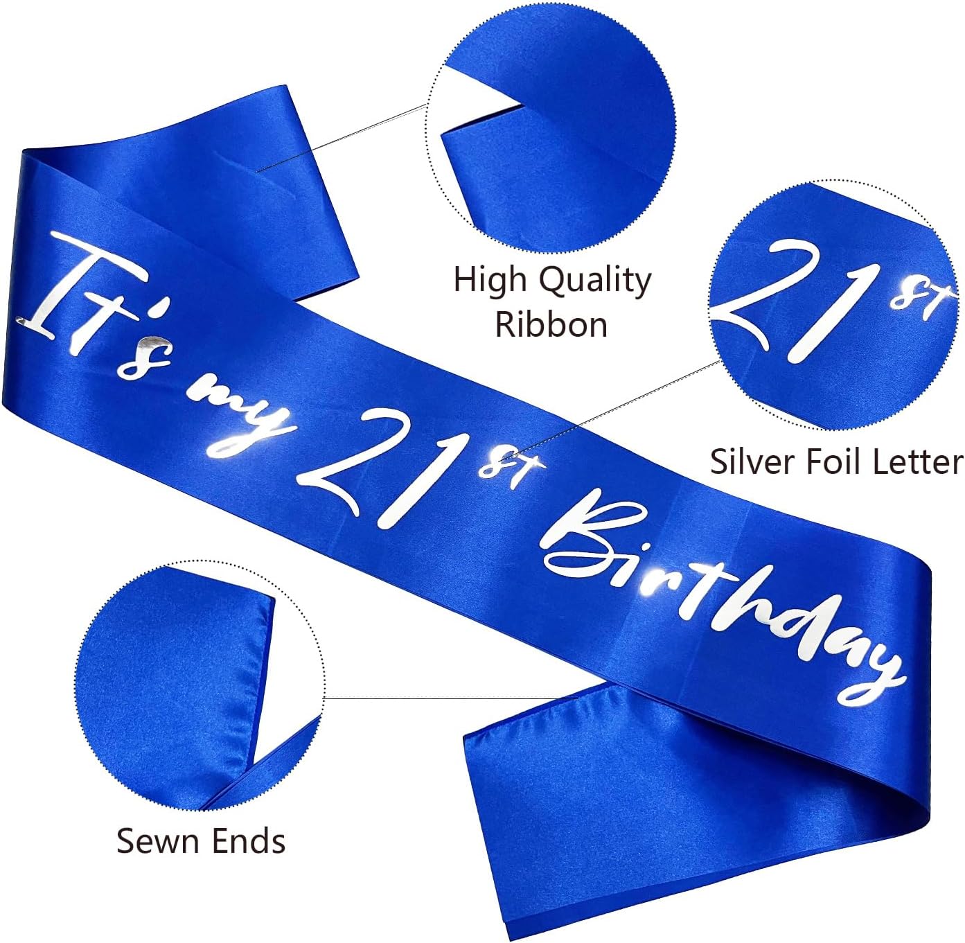 21st Birthday Sash, Blue Satin Soft Sashes with Silver Foil Letter, Birthday Decorations for Girls or Boys, Happy 21st Birthday Party Favor Supplies,Blue Silver
