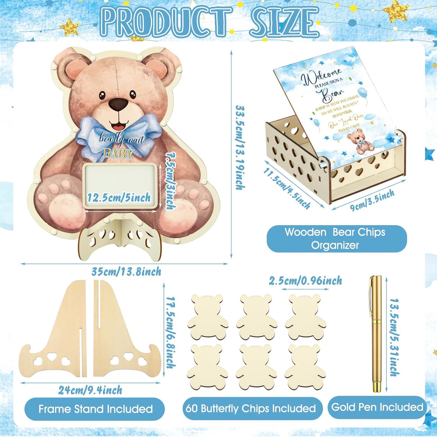 Wenqik 63 Pcs Bear Baby Shower Guest Book Alternatives Set Baby Shower Decorations with Photo Frame Sonogram Frame Keepsake 60 Wood Slices Guest Book for Birthday