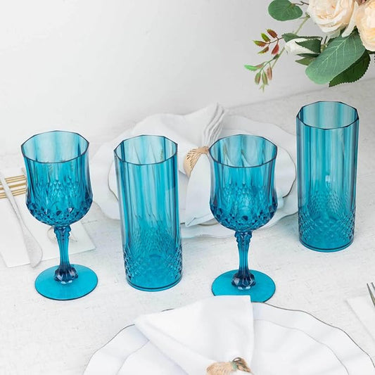 Efavormart 6 Pack Ocean Blue Crystal Cut Reusable Plastic Wine Glasses, Shatterproof Cocktail Goblets 8oz