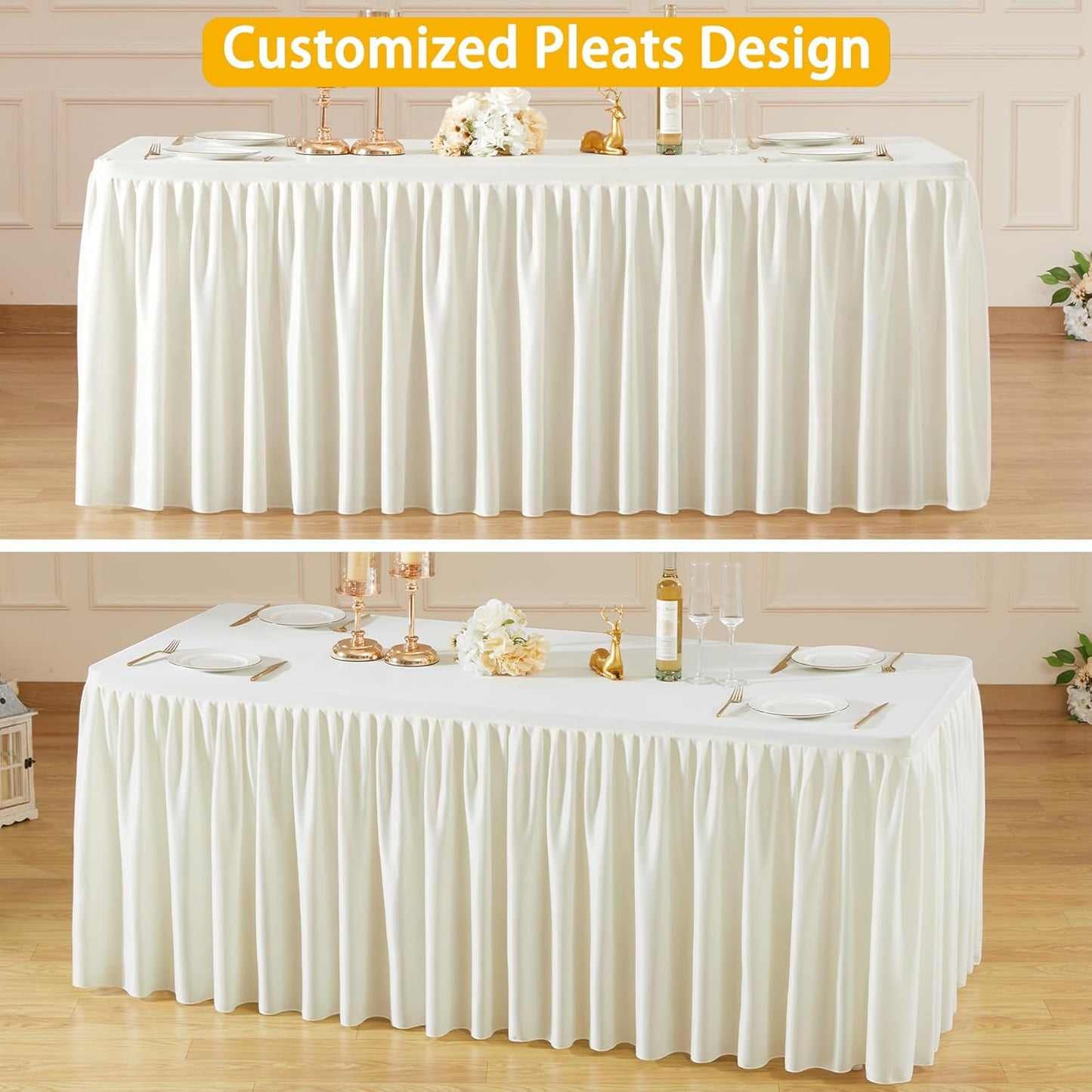 Cream White Table Clothes for Rectangle Tables 6ft, Wrinkle Resistant Fitted Table Cloth with Pleated Ruffle Skirts for Banquet Wedding Baby Shower Folding Tables