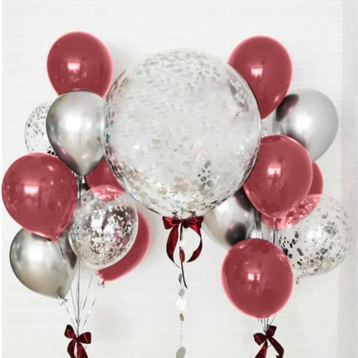 Burgundy Red and Silver Balloons, 60 Packs 12 Inch Wine Red and White Silver Metallic Confetti Balloons with Ribbons for Women Birthday Wedding Bridal Shower Retirement Party Decorations Supplies